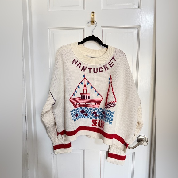 Anthropologie Maeve Nantucket Graphic Cable Knit Sweater - Cream & Red Sz L NWT - Picture 6 of 9